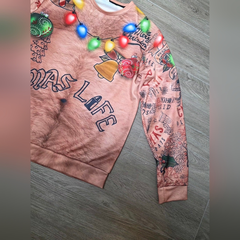 XMas Life Ugly Christmas Sweater Mens Size M Tattoos Faux Hairy Chest - Picture 3 of 7